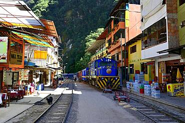 Railway tracks through the village of Aguas Calientes, Machu Picchu, Urubamba Province, Peru, South America