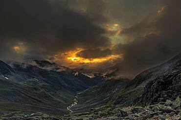 Sunset with dramatic clouds over Windbachtal, Soelden, Oetztal, Tyrol, Austria, Europe