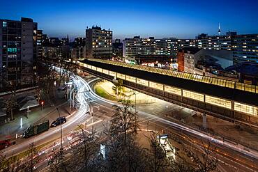 Night view over Kottbusser Tor train station in Kreuzberg, Berlin, Germany, Europe