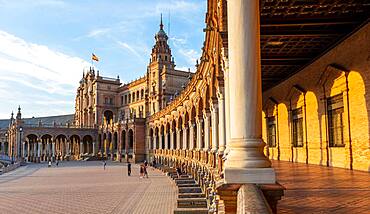 Portico at the Plaza de Espana in the evening light, Seville, Andalusia, Spain, Europe