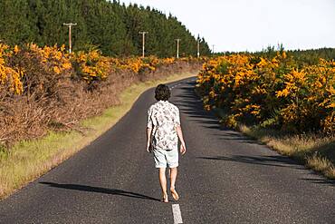 Guy walking on a road, Rotorua, Bay of Plenty, North Island, New Zealand, Oceania