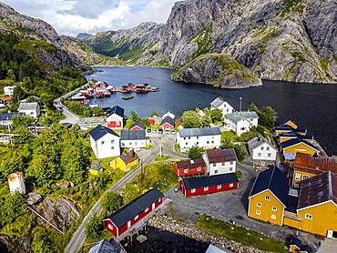 Aerial of the village of Nusfjord, Lofoten, Norway, Europe