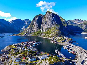 Aerial of Reine and Reinefjord, Lofoten, Norway, Europe