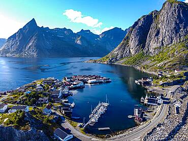 Aerial of Reine and Reinefjord, Lofoten, Norway, Europe