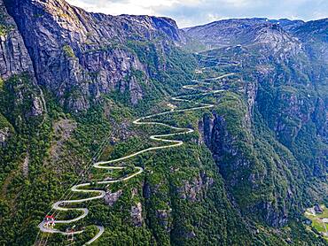 Zigzag road leading down to Lysebodn, at trhe end of Lystrefjord, Norway, Europe