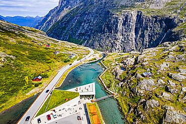 Visitor center along Trollstigen mountain road from the air, Norway, Europe