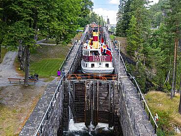 Tourist boat in the Vrangfoss locks, Telemark Canal, Norway, Europe