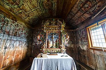 Wall paintings in the Unesco world heritage site Urnes Stave Church, Lustrafjorden, Norway, Europe