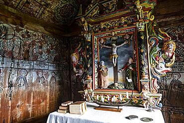 Wall paintings in the Unesco world heritage site Urnes Stave Church, Lustrafjorden, Norway, Europe