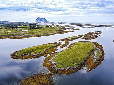 Aerial of the rugged coastline of the Unesco world heritage site, the Vega Archipelago, Norway, Europe