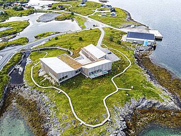 Aerial of the tourist information center, Unesco world heritage site, the Vega Archipelago, Norway, Europe