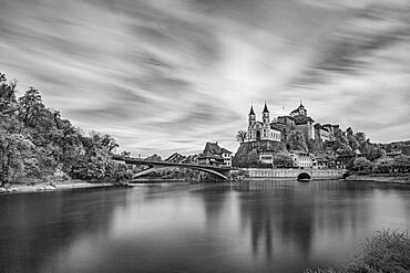 City view with river Aare (infrared image), fortress Aarburg and reformed church Aarburg, Aarburg, Zofingen, canton Aargau, Switzerland, Europe