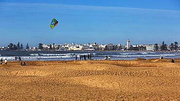 Plage Tagharte overlooking the city, Atlantic coast, Essaouira, Morocco, Africa