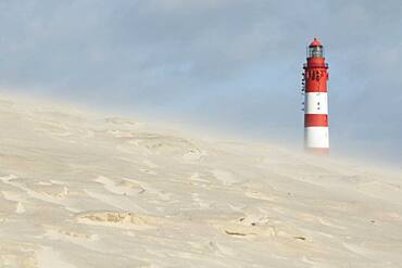 Lighthouse in dune landscape, fog, Amrum island, North Frisian Islands, Schleswig-Holstein, Germany, Europe