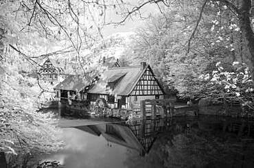 Infrared image, historical hammer mill, museum, karst source of the Blau, Blautopf in Blaubeuren, Swabian Alb, Baden-Wuerttemberg, Germany, Europe