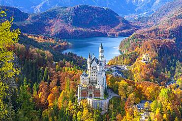 Neuschwanstein Castle in autumn, near Schwangau, Ostallgaeu, Allgaeu, Swabia, Bavaria, Germany, Europe