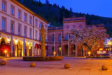 Palais Thermal, twilight at the spa square, Bad Wildbad, Northern Black Forest, Black Forest, Baden-Wuerttemberg, Germany, Europe