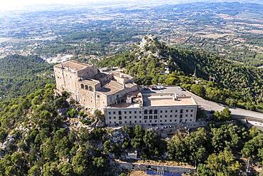 Aerial view Santuari de Sant Salvador monastery, Puig de Sant Salvador, near Felanitx, Migjorn region, Majorca, Balearic Islands, Spain, Europe