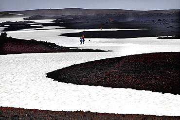 Crater with snowfields, volcano Askja, hiker highland, central Iceland, Iceland, Europe