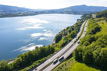 Drone image, Westautobahn (A1) near Mondsee, Salzkammergut, Upper Austria, Austria, Europe