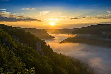 View from Eichfelsen to Werenwag Castle with morning fog, sunrise, near Irndorf, Upper Danube nature park Park, Upper Danube Valley, Danube, Swabian Alb, Baden-Wuerttemberg, Germany, Europe