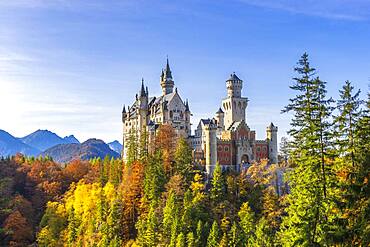 Neuschwanstein Castle in autumn, near Schwangau, Ostallgaeu, Allgaeu, Swabia, Bavaria, Germany, Europe