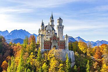 Neuschwanstein Castle in autumn, near Schwangau, Ostallgaeu, Allgaeu, Swabia, Bavaria, Germany, Europe