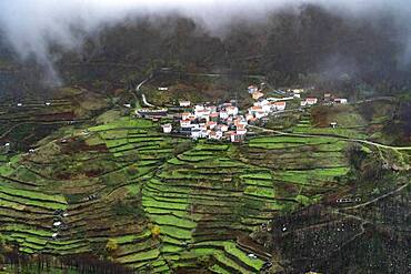 Small village with terraced fields in Serra da Estrela mountains, Portugal, Europe