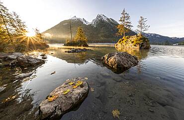 Sunrise at Hintersee with fog, Hochkalter in the back, Berchtesgaden National Park, Ramsau, Upper Bavaria, Bavaria, Germany, Europe