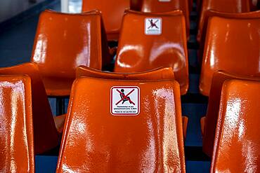 Sitting on chair prohibited, spacing rules during Corona, Covid-19 in Greece on a ferry, Syros, Cyclades, Greece, Europe