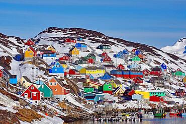 Colourful wooden houses, winter, Kangaamuit, Greenland, Denmark, North America