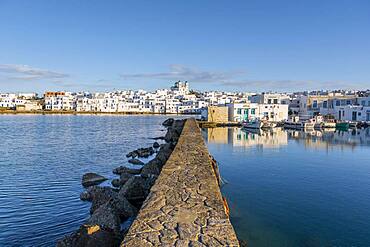 Harbour wall of the port town of Naoussa, Paros Island, Cyclades, Greece, Europe