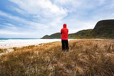 Guy at the beach, Spirits Bay, Piwhane, Aupouri Peninsula, North Island, New Zealand, Oceania