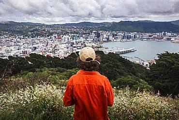 Guy infront of Wellington City, Te Whanganui-a-Tara, Wellington City, Wellington, North Island, New Zealand, Oceania