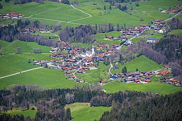 Bird's eye view of a small village, Elbach, Fischbachau, county Miesbach, Bavaria, Germany, Europe