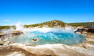 Hot spring with steaming turquoise water, Excelsior Geyser Crater, Yellowstone National Park, Wyoming, USA, North America