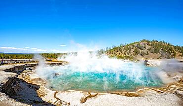 Hot spring with steaming turquoise water, Excelsior Geyser Crater, Yellowstone National Park, Wyoming, USA, North America