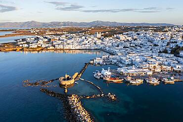 Evening atmosphere, aerial view, town view and harbour of Naoussa, harbour wall with Venetian ruins, Paros, Cyclades, Greece, Europe