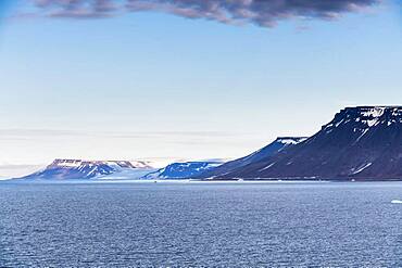 Flat table mountains covered with ice, Franz Josef Land archipelago, Russia, Europe