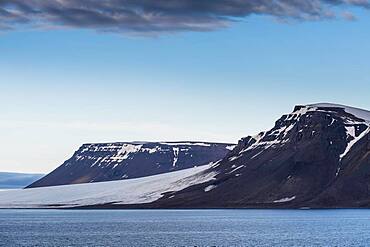 Flat table mountains covered with ice, Franz Josef Land archipelago, Russia, Europe