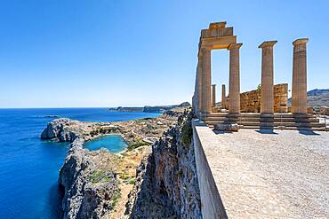 Roman columns, Roman temple, Acropolis of Lindos, back Paulus Bay, Lindos, Rhodes, Dodecanese, Greece, Europe