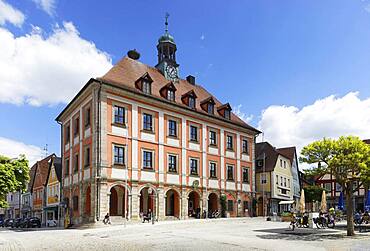 Town hall with bell tower and tower clock at the market place, Baroque, Neustadt an der Aisch, Middle Franconia, Franconia, Bavaria, Germany, Europe