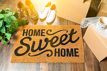 Home sweet home welcome mat, moving boxes, women and male shoes and plant on hard wood floors