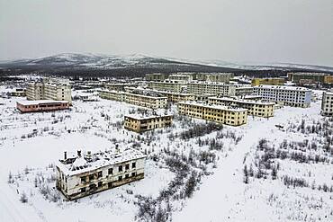 Aerial of the abandoned mining city Kadykchan, Road of Bones, Magadan Oblast, Russia, Susuman, Magadan Oblast, Russia, Europe