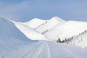 Snow covered mountain pass, Suntar-Khayata mountain Range, Road of Bones, Sakha Republic, Yakutia, Russia, Europe