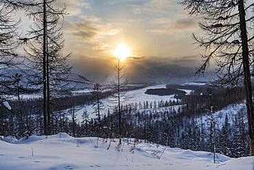 Sunset over the Suntar-Khayata mountain Range, Road of Bones, Sakha Republic, Yakutia, Russia, Europe