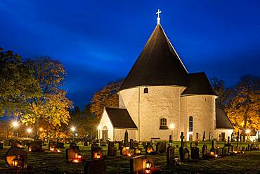 Hagby church at blue hour, Hagby Kyrka, Hagby, Sweden, Europe