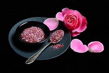 Rose salt in bowl and spoon, rose petal salt, Germany, Europe