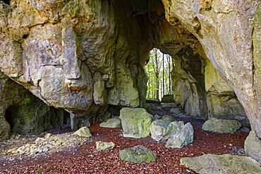 Rock gate Geisskirche, passage cave, mystical, hamlet Tuerkelstein, district of Goessweinstein, Upper Franconia, Franconia, Bavaria, Germany, Europe