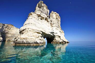 Crystal clear turquoise water and mighty rock formations, Kleftiko, Milos, Cyclades, Greece, Europe